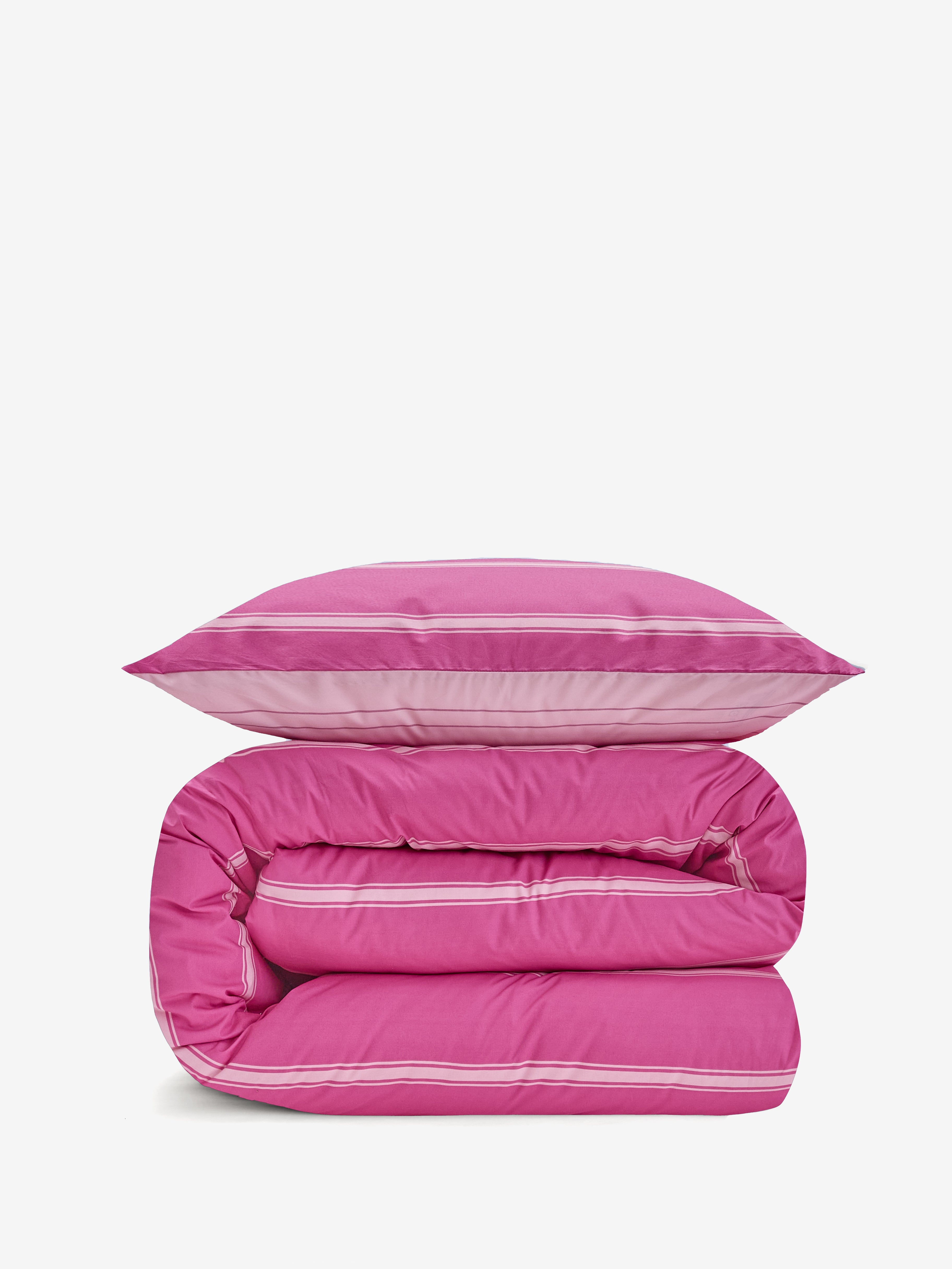 סט מצעי כותנה דו צדדים בצבע ורוד פוקסיה עם פסים בצבע ורוד בהיר ובצד השני ורוד בהיר עם פסים בצבע ורוד כהה