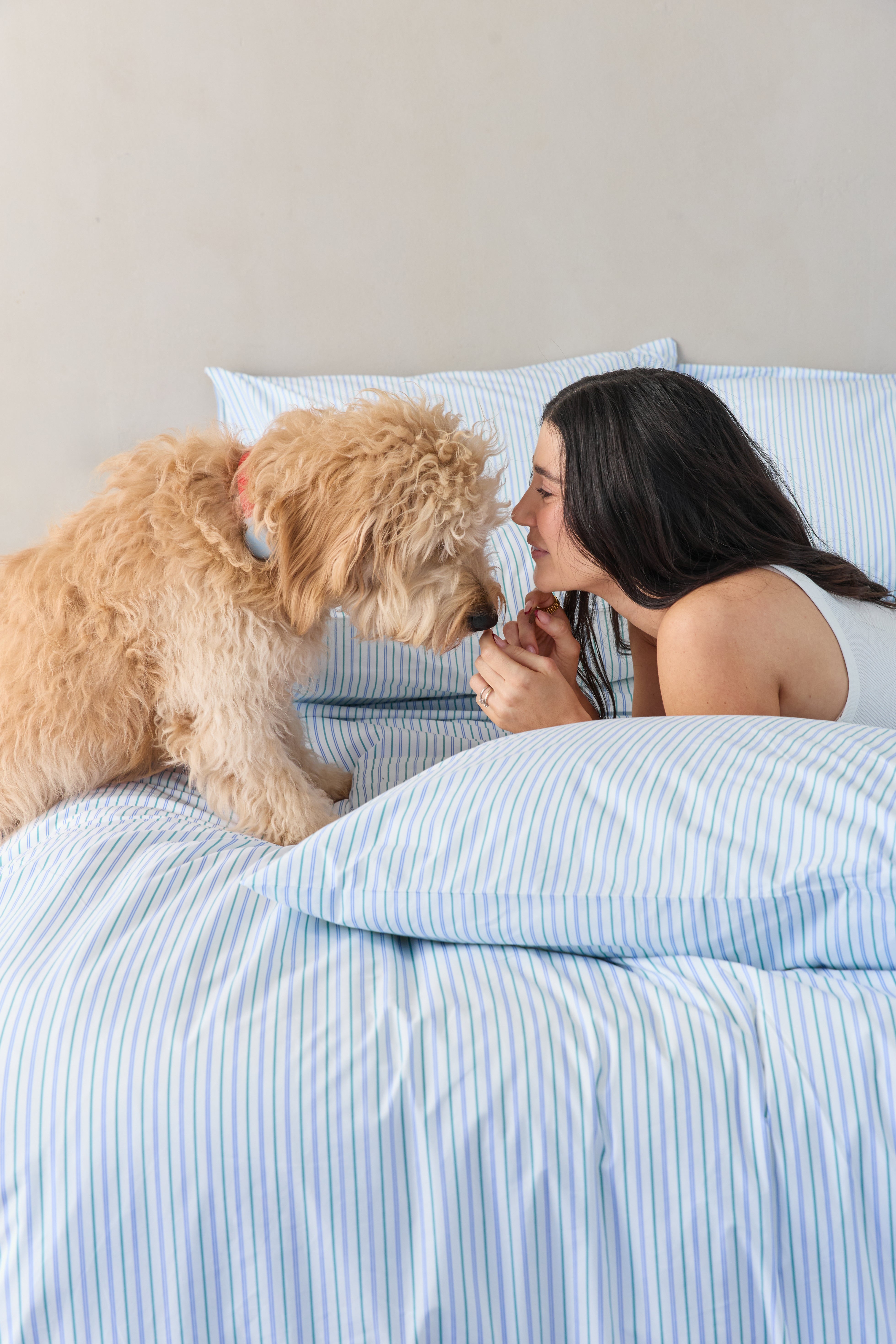 דוגמנית שוכבת על מיטה על הבטן ומביטה בכלב שלה שגם על המיטה. על המיטה סט מצעי פרקל לבנים עם פסים כחולים וירוקים